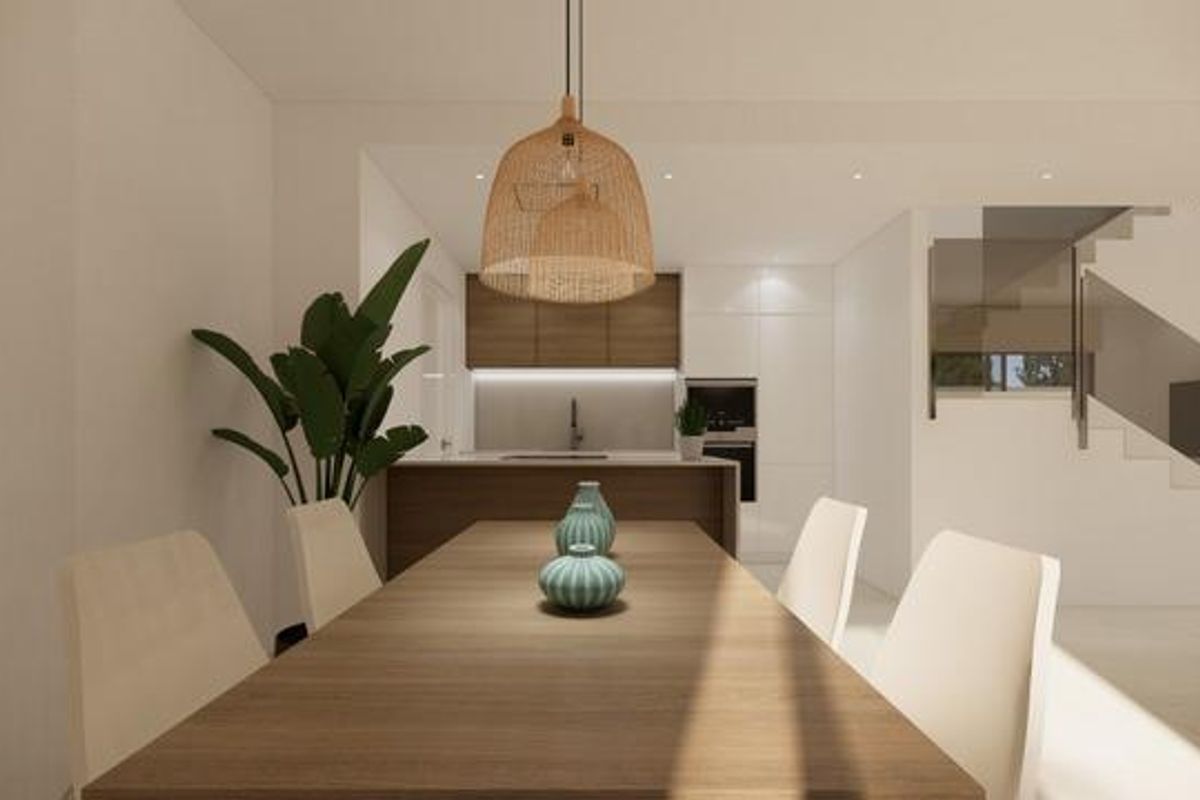 Moderne keuken en eetruimte in een villa met 3 slaapkamers die een strakke uitstraling toont in San Fulgencio, Costa Blanca Zuid.