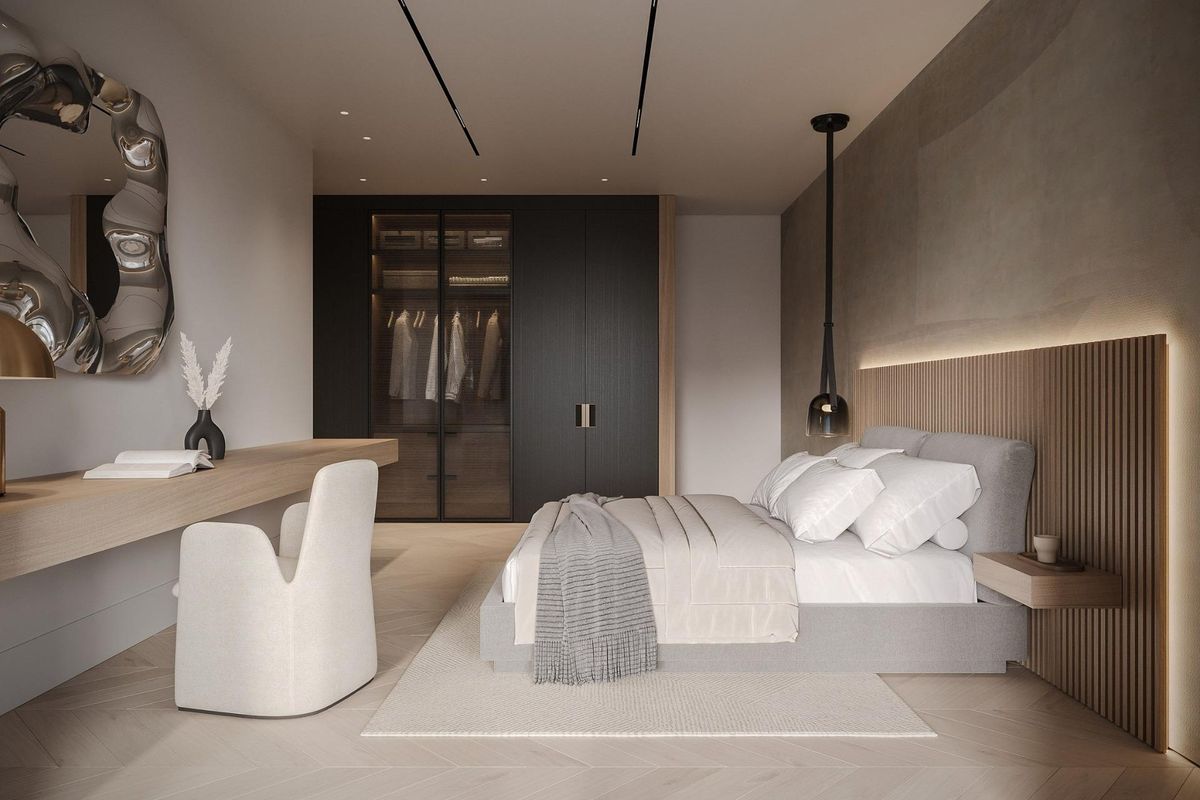 Chique slaapkamer met bureau en opslag in een eigentijdse 5-slaapkamer villa in Benahavís, Costa del Sol.