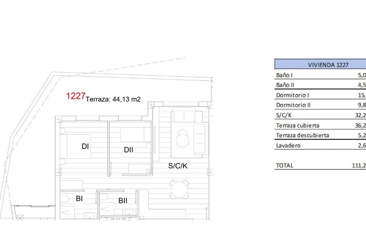 Plattegrond van een appartement met 2 slaapkamers in San Miguel de Salinas, met nadruk op keuken en badkamers.