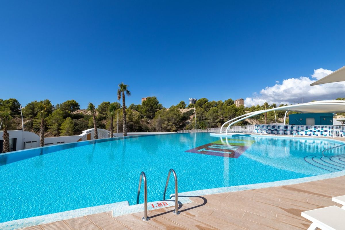 Prachtig infinity zwembad omringd door palmbomen, perfect voor ontspanning in Benidorm, Costa Blanca.