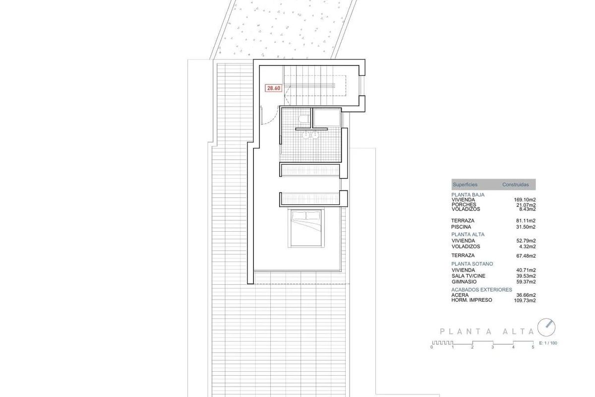 Eerste verdieping plattegrond van een eigentijdse villa met 3 slaapkamers in Moraira Teulada, met privé slaapkamers en terrace.