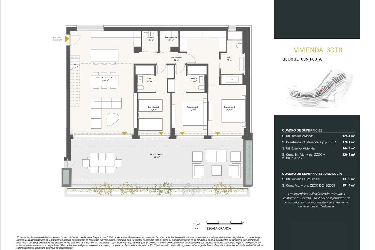 Plattegrond van een 3-slaapkamer penthouse in Benahavís, met indeling en afmetingen.