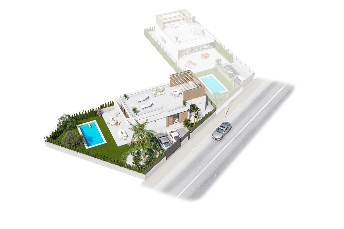 3D-model van een 3-slaapkamer villa in Vera, Costa de Almeria, met nadruk op de indeling en het zwembad.