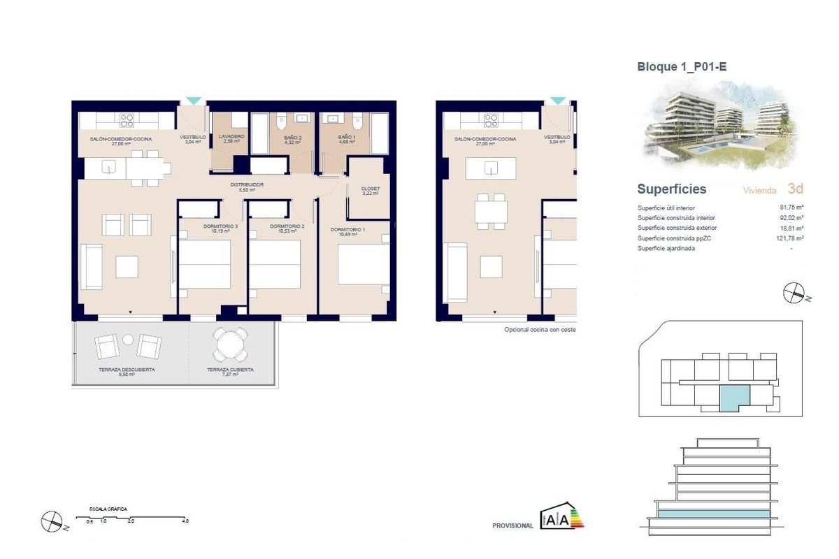 Gedetailleerde plattegrond van een 3-slaapkamerappartement in Villajoyosa, Costa Blanca Noord met woonruimtes.
