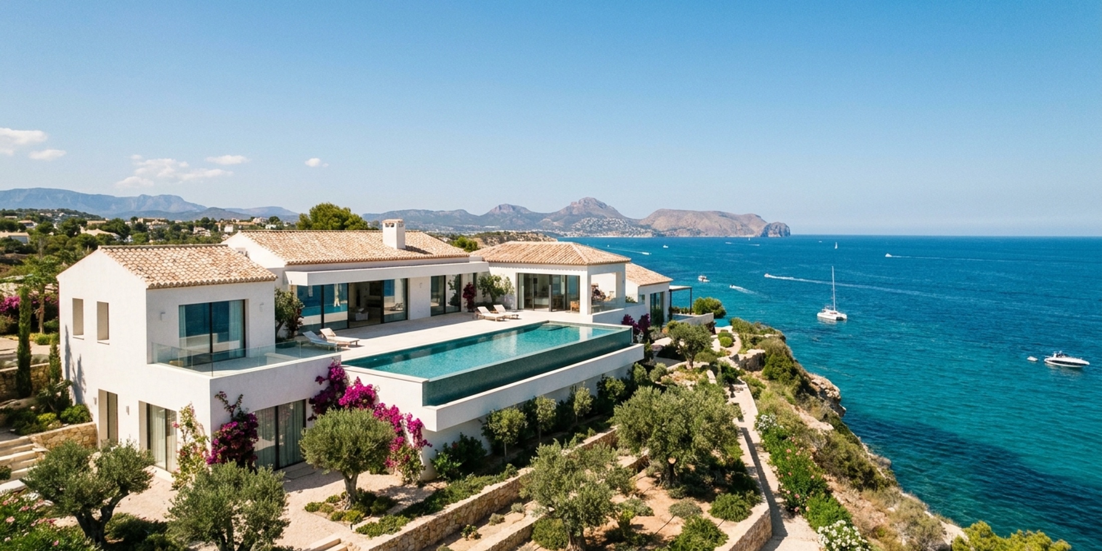 Panoramic view of a luxury villa overlooking the Mediterranean Sea on the Costa Blanca