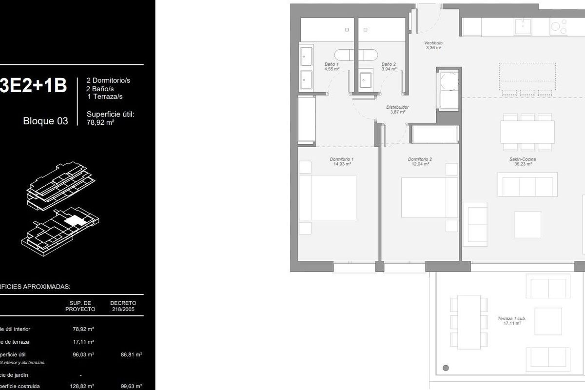 Plattegrond van een 2-slaapkamer appartement in Estepona, met gedetailleerde kamerindeling en afmetingen.
