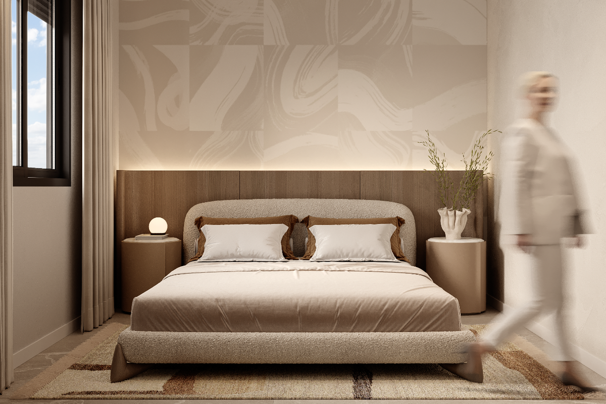 Elegante slaapkamer met een gezellige inrichting in de penthouse van Finestrat, met zachte kleuren en natuurlijk licht.