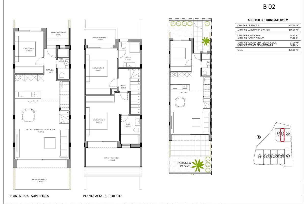 Plattegrond van een 3-slaapkamer townhouse, met woonruimtes en slaapkamers in Finestrat, Costa Blanca Noorden.