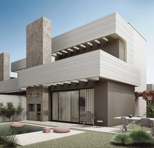 Moderne 3-slaapkamer villa buitenkant met een zwembad, gelegen in San Juan de los Terreros, Costa de Almeria.