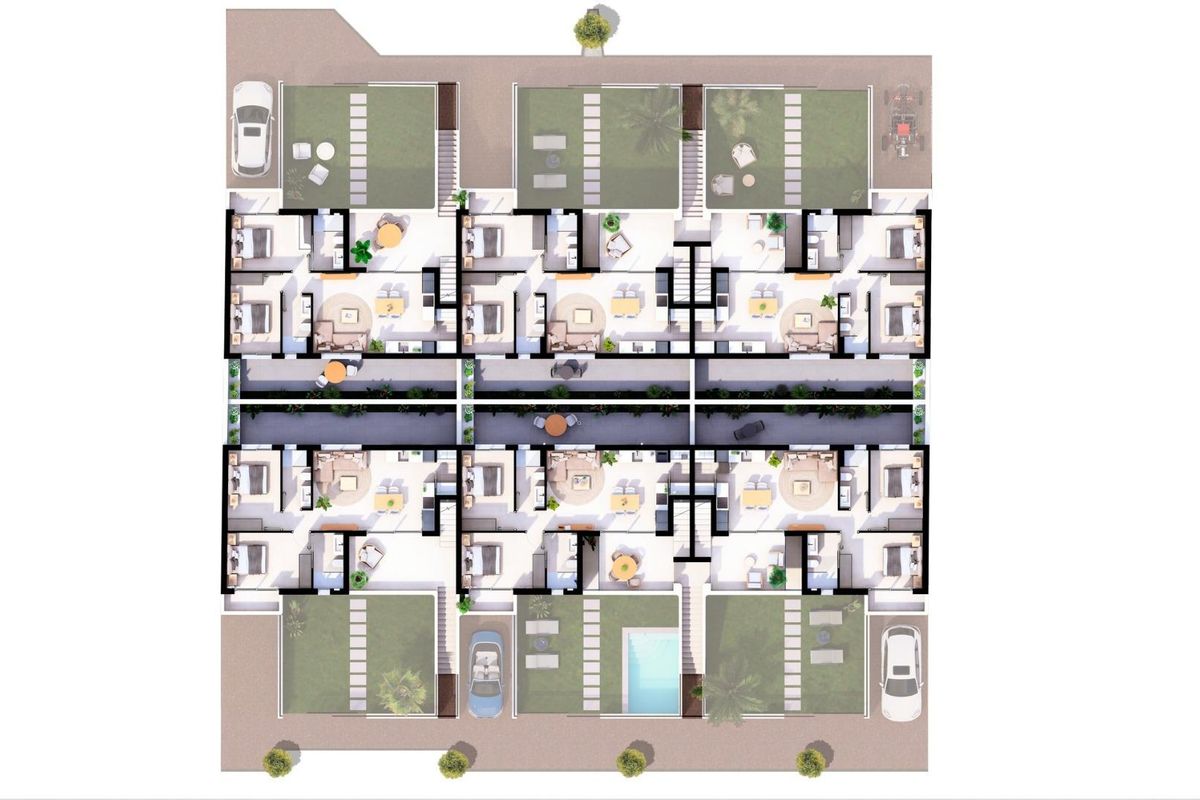 Gedetailleerde plattegrond die meerdere appartementen op de begane grond toont, met nadruk op ruimtes en indeling in San Pedro del Pinatar.