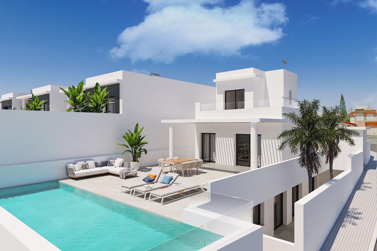 Overzicht van een stijlvolle villa complex met privézwembaden in Rojales, Costa Blanca Zuid, met modern ontwerp.