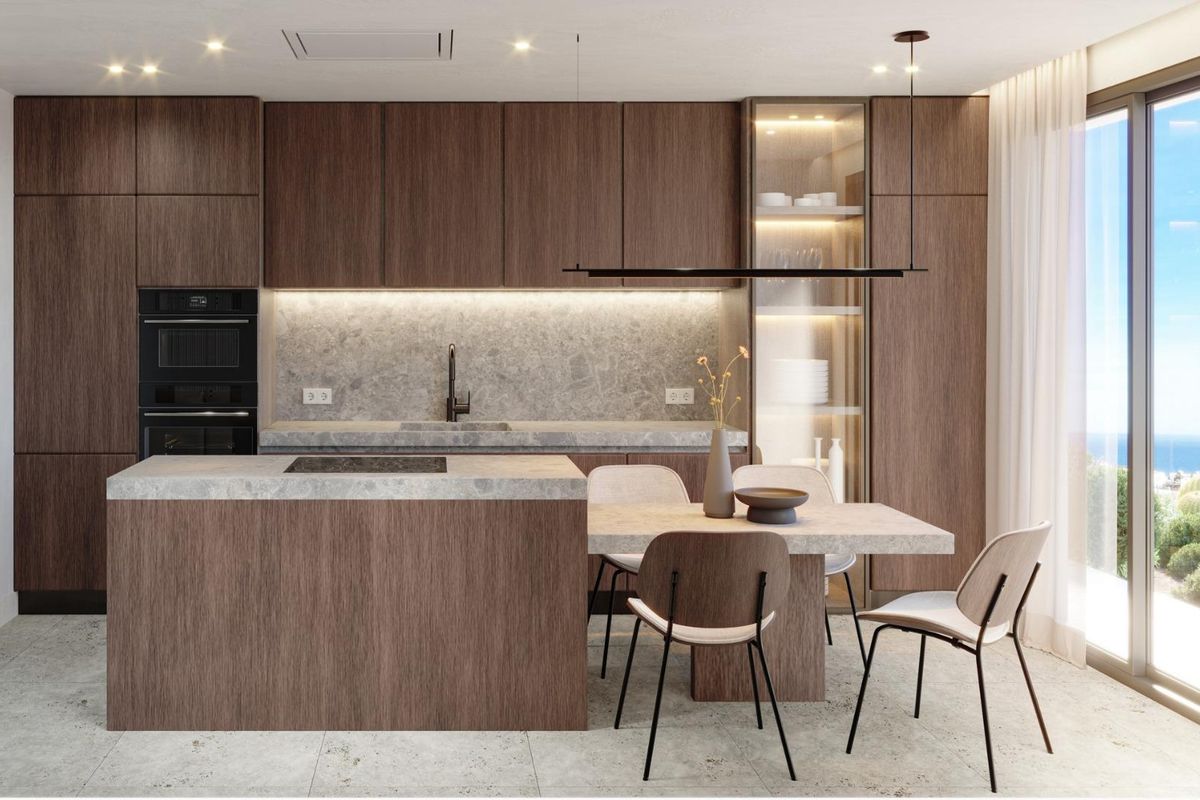 Moderne keuken met elegant ontwerp en ocean uitzicht vanuit de penthouse in Mojacar, Costa de Almeria.