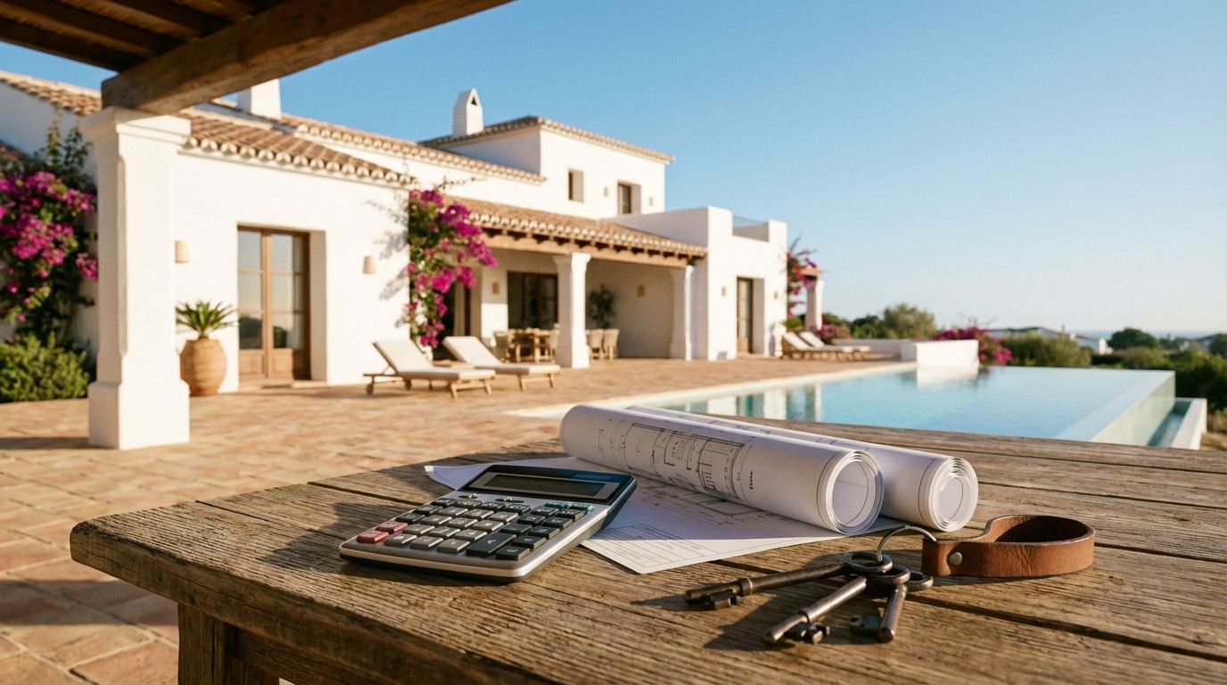 Modern calculator and blueprints on a table with Spanish keys
