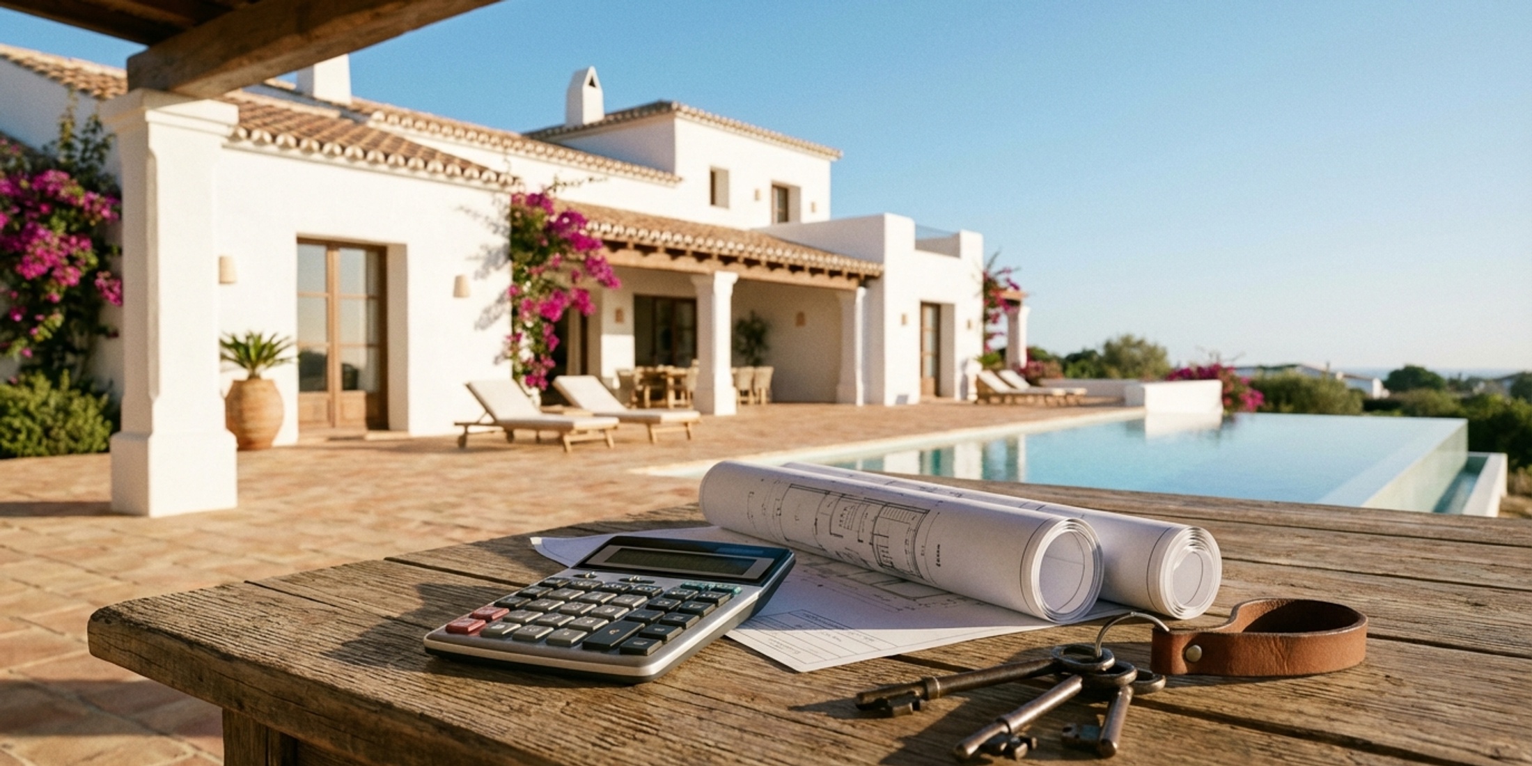 Modern calculator and blueprints on a table with Spanish keys