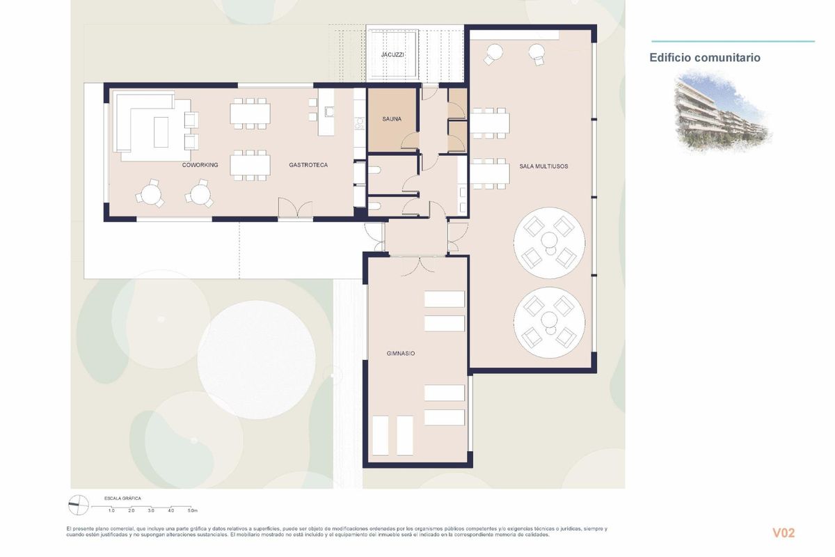 Plattegrond van het gemeenschapsgebouw met meerdere kamers en ruimtes in Denia, Costa Blanca North.