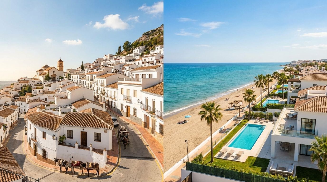 Split view of Mijas Pueblo white village and Mijas Costa beach