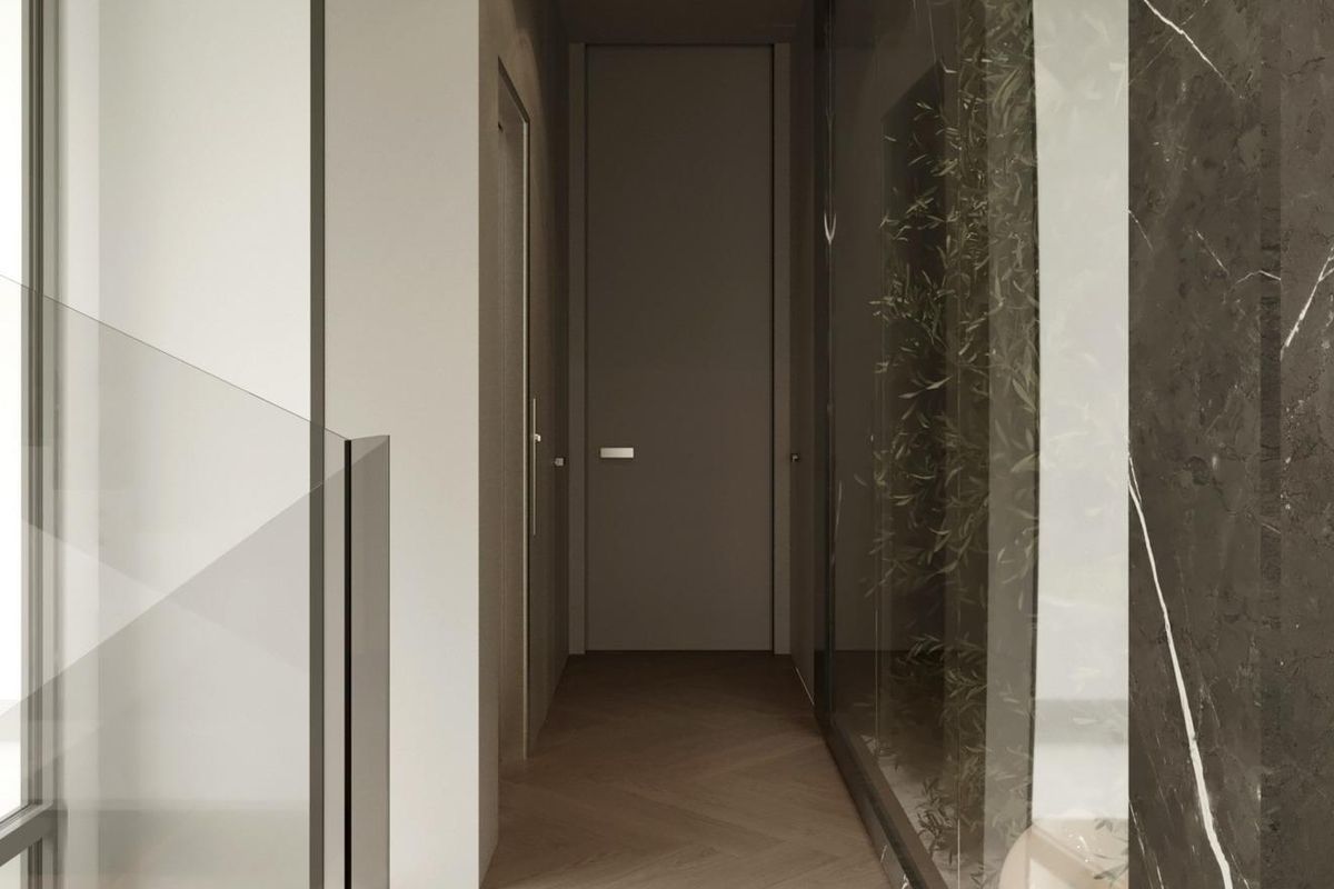 Moderne gang met slanke designelementen in een luxe 6-slaapkamer villa in Marbella, Costa del Sol.