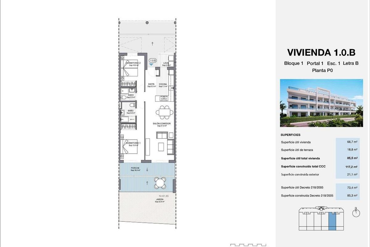Plattegrond van een 2-slaapkamer appartement op de begane grond in Mijas, Costa del Sol, met indeling en afmetingen.