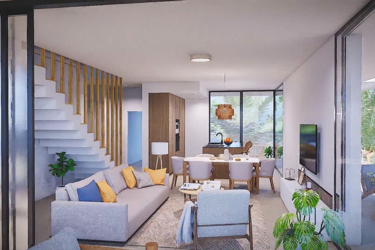 Stijlvolle woonruimte met een modern open ontwerp en tropische uitzichten vanuit een appartement in Cartagena.