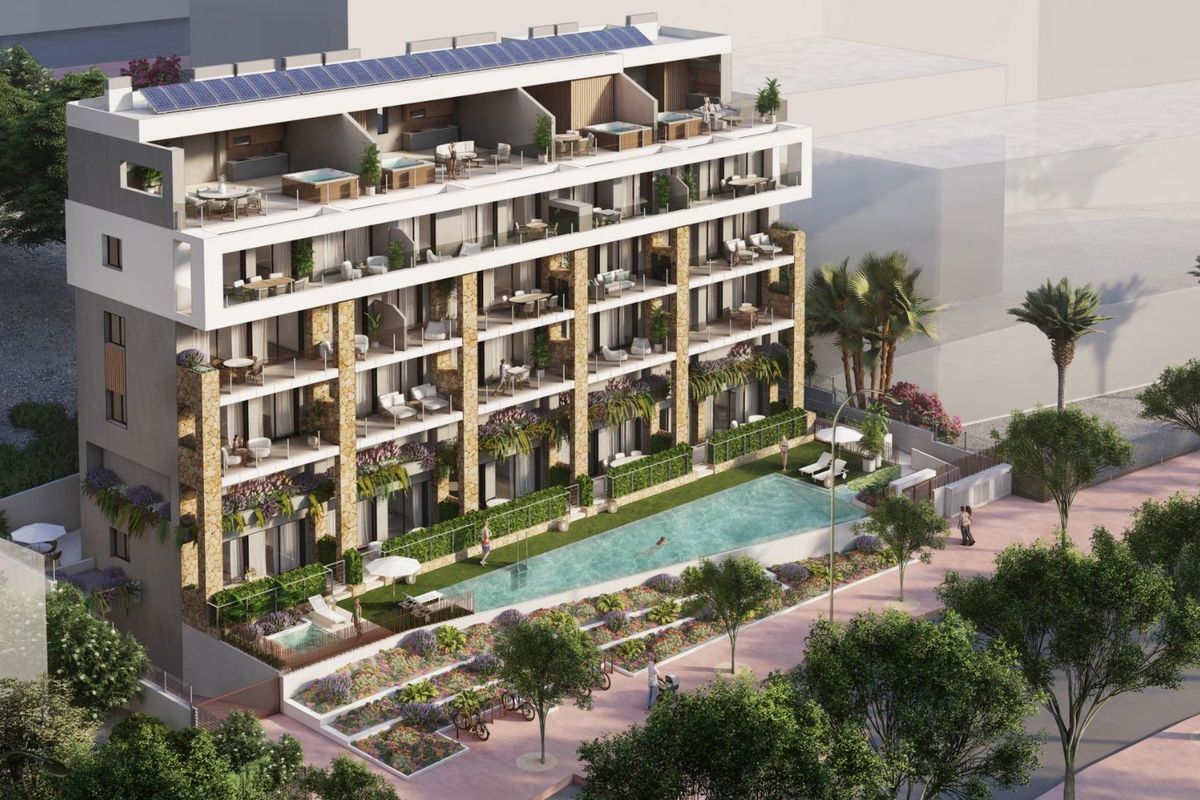 Modern appartementencomplex met balkons en zwembad, gelegen in Villajoyosa, Costa Blanca.