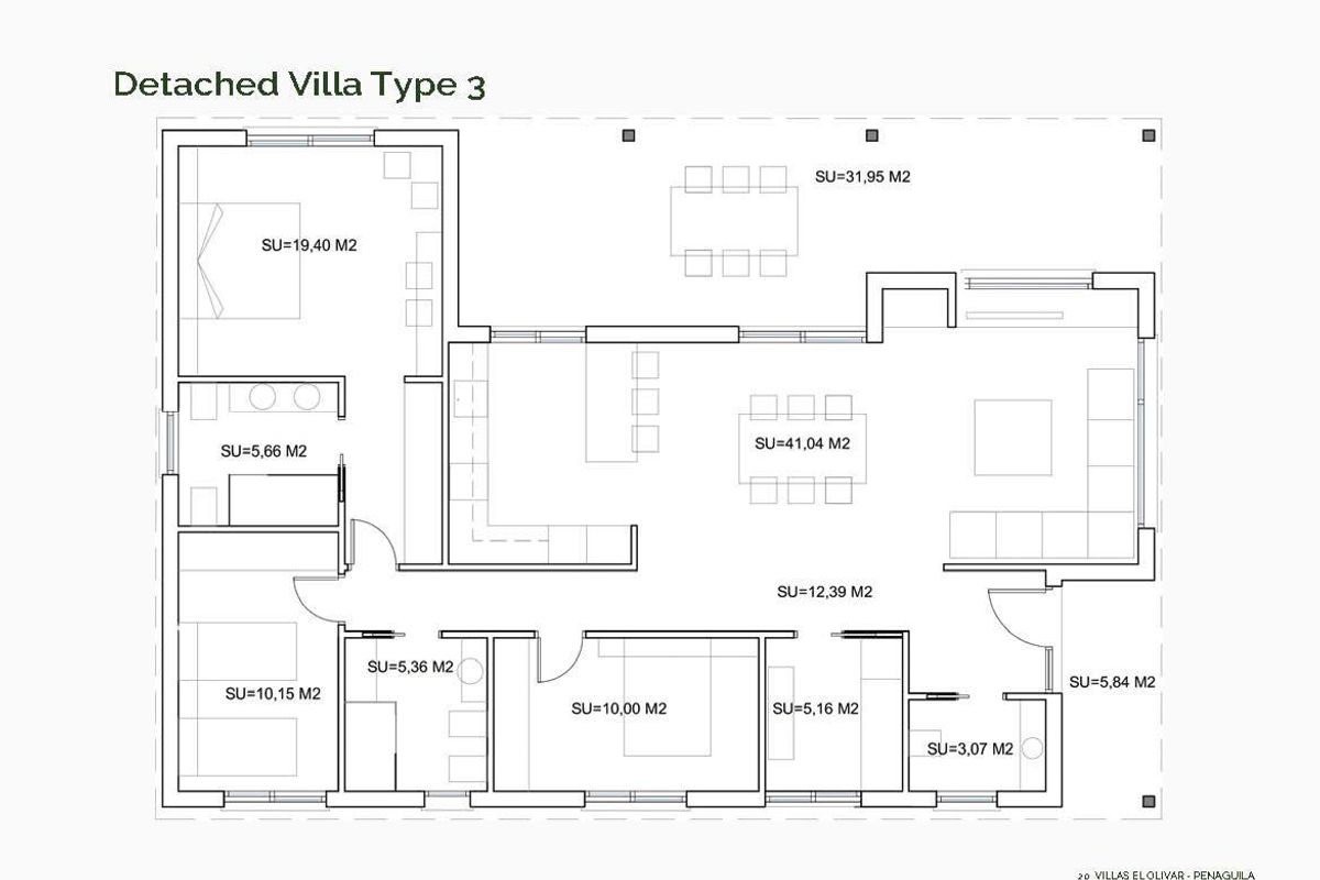 Plattegrond van een 3-slaapkamer villa in Penaguila, met de indeling van kamers en ruimtes.