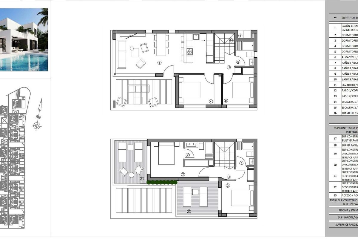Gedetailleerde plattegrond voor een ruime 5-slaapkamer villa in Costa Blanca, Finestrat met woongedeelten.