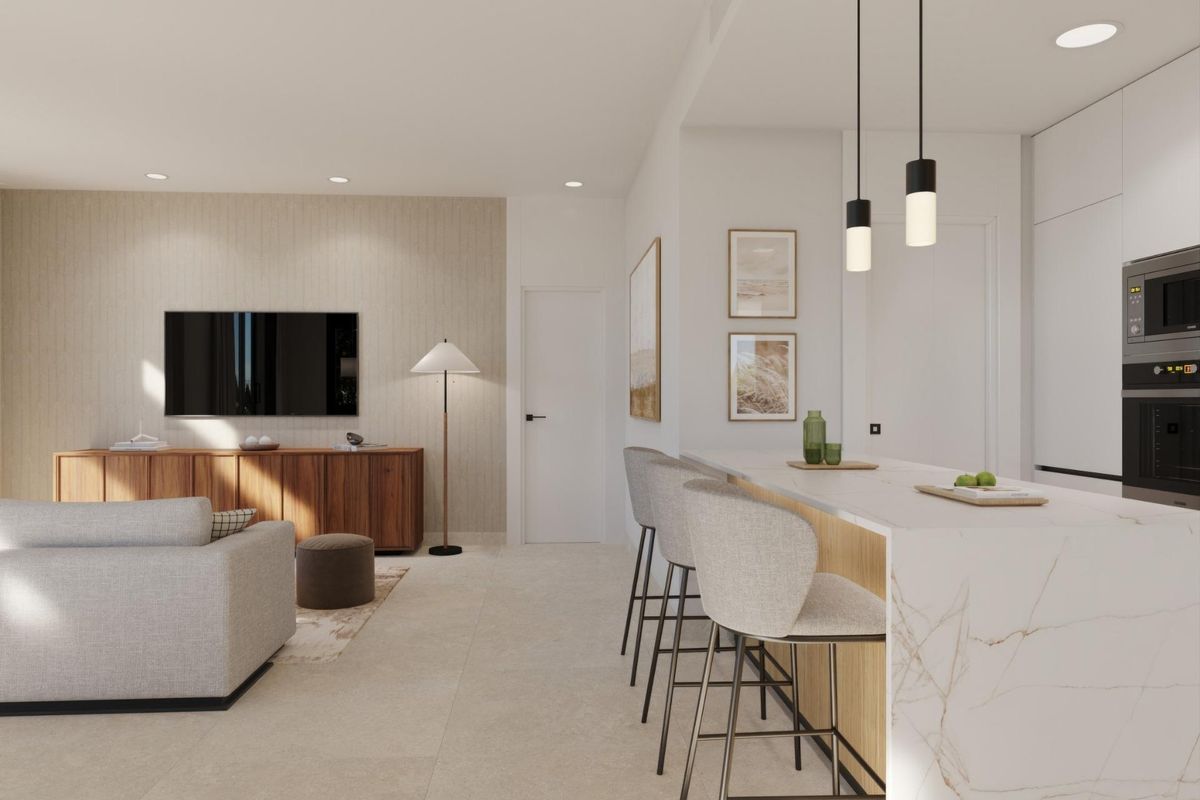 Gezellige woonruimte in de villa met een stijlvolle TV-eenheid en open keukenindeling in Fuente Álamo.