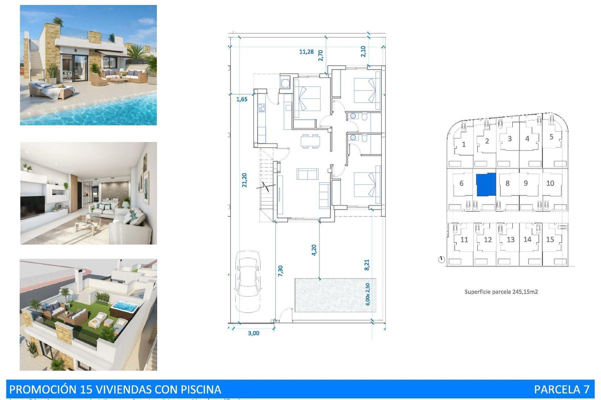 Plattegrond van een villa met 3 slaapkamers die verschillende secties en ruimtes toont in San Fulgencio, Costa Blanca Zuid.