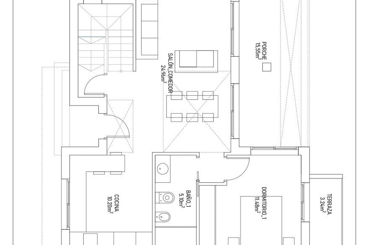 Plattegrond van de begane grond van een 3-slaapkamer villa optie in Torrevieja, met indelingen.