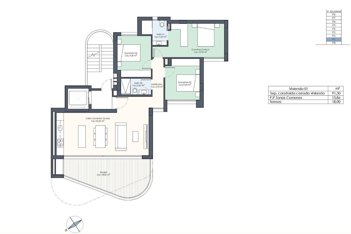 Gedetailleerde plattegrond van een 3-slaapkamerappartement in Guardamar del Segura, met een overzicht van de indeling.
