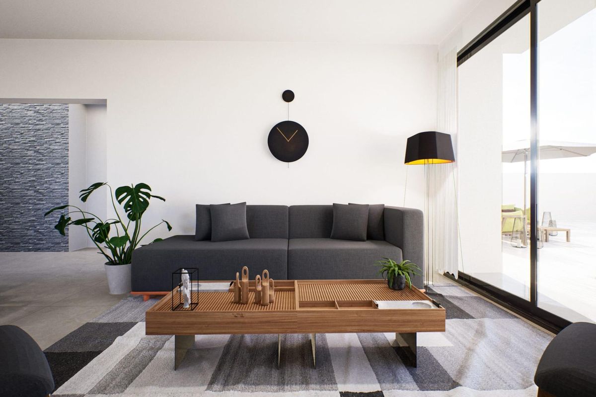 Moderne woonkamer in een 3-slaapkamer villa in Fortuna, Spanje, met comfortabele zitplaatsen en decor.