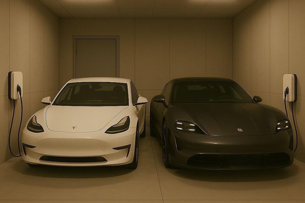 Garage van herenhuis in Mijas met een witte Tesla en een grijze Porsche Taycan aan de laadstations.