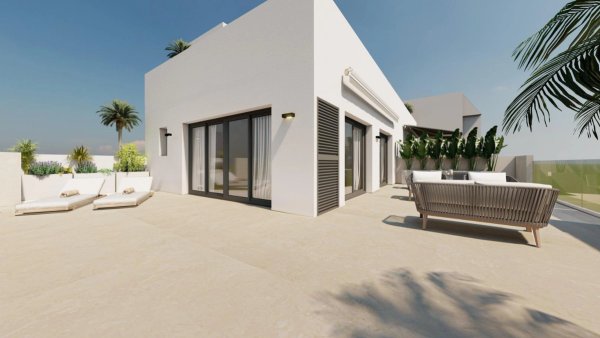 Ruime terras met ligbedden en zitje in een penthouse, Guardamar del Segura, Costa Blanca.