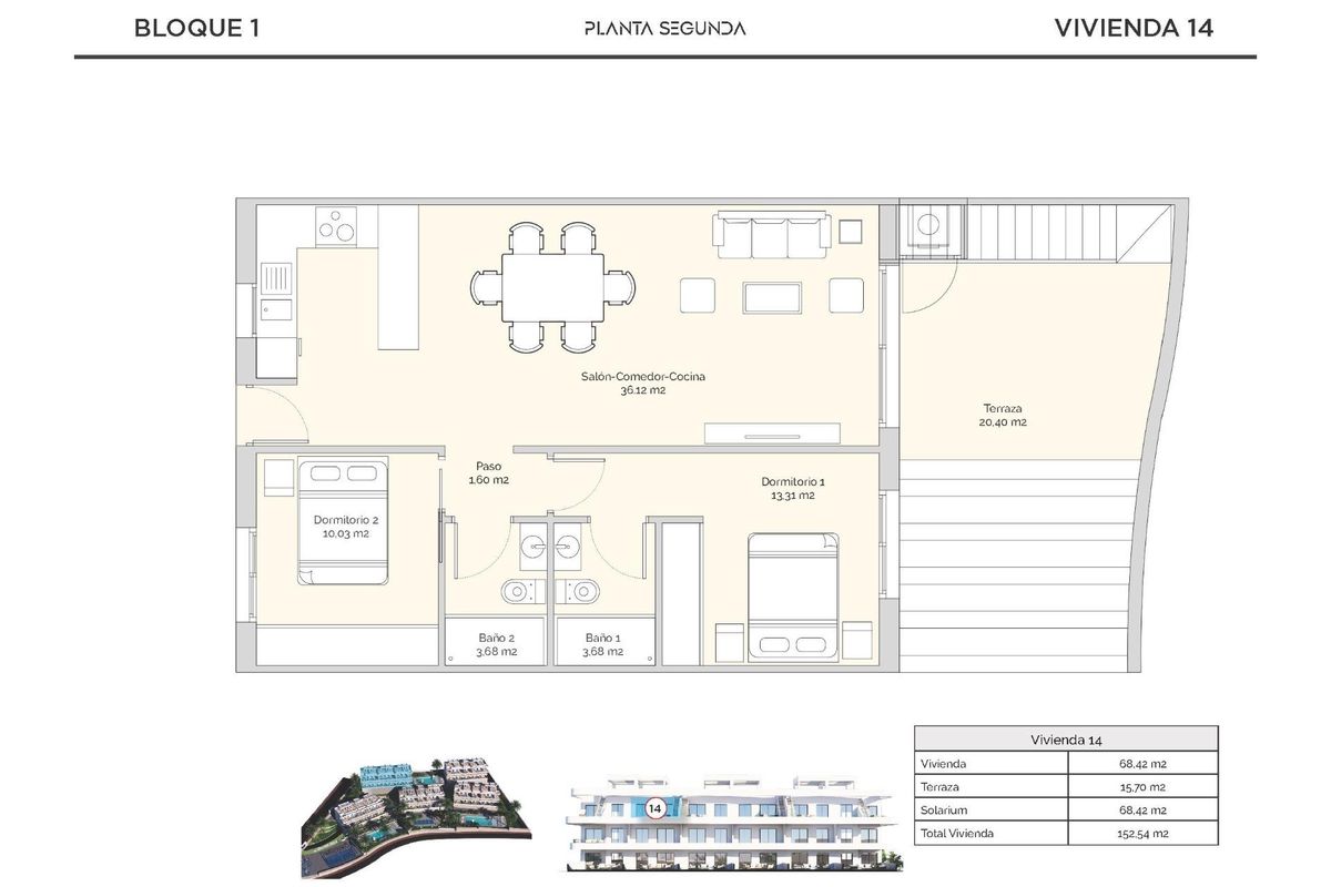 Plattegrond voor een 2-slaapkamer penthouse in Finestrat die de indeling en woonruimtes toont.