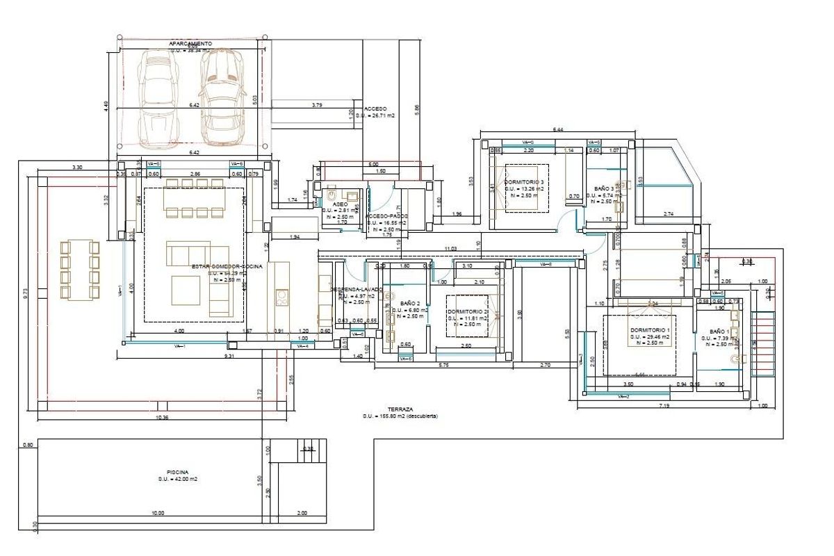 Gedetailleerde plattegrond van een luxe 4-slaapkamer villa in Jávea, met nadruk op woon- en eetruimtes.