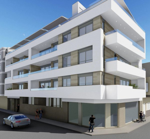 Moderne buitenkant van een 3-slaapkamer penthouse in Torrevieja, met strakke lijnen en balkons.