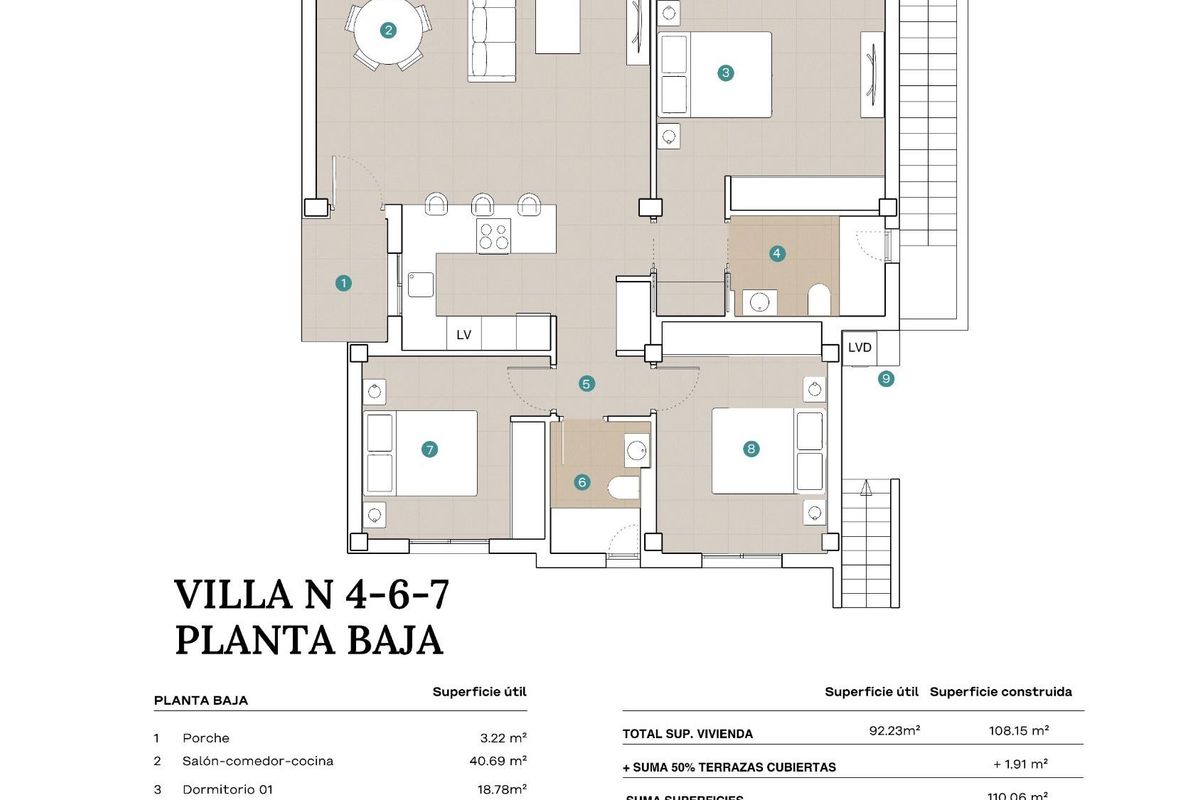 Gedetailleerde plattegrond van een villa in Polop, die de indeling van kamers en ruimtegebruik illustreert.