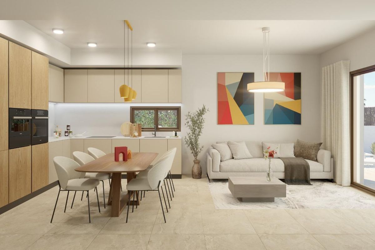 Open woon- en eetgedeelte in de villa, ontworpen voor comfort en natuurlijk licht.