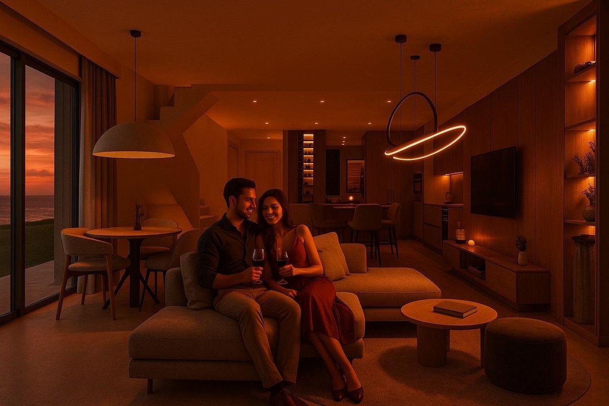 Stijlvolle woonkamer in een herenhuis met 3 slaapkamers in Mijas, Costa del Sol. Uitzicht op de zonsondergang door grote ramen.