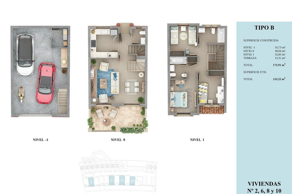 Gedetailleerde plattegrond van een townhouse met 3 slaapkamers in Almuñecar, Costa del Sol, Spanje.