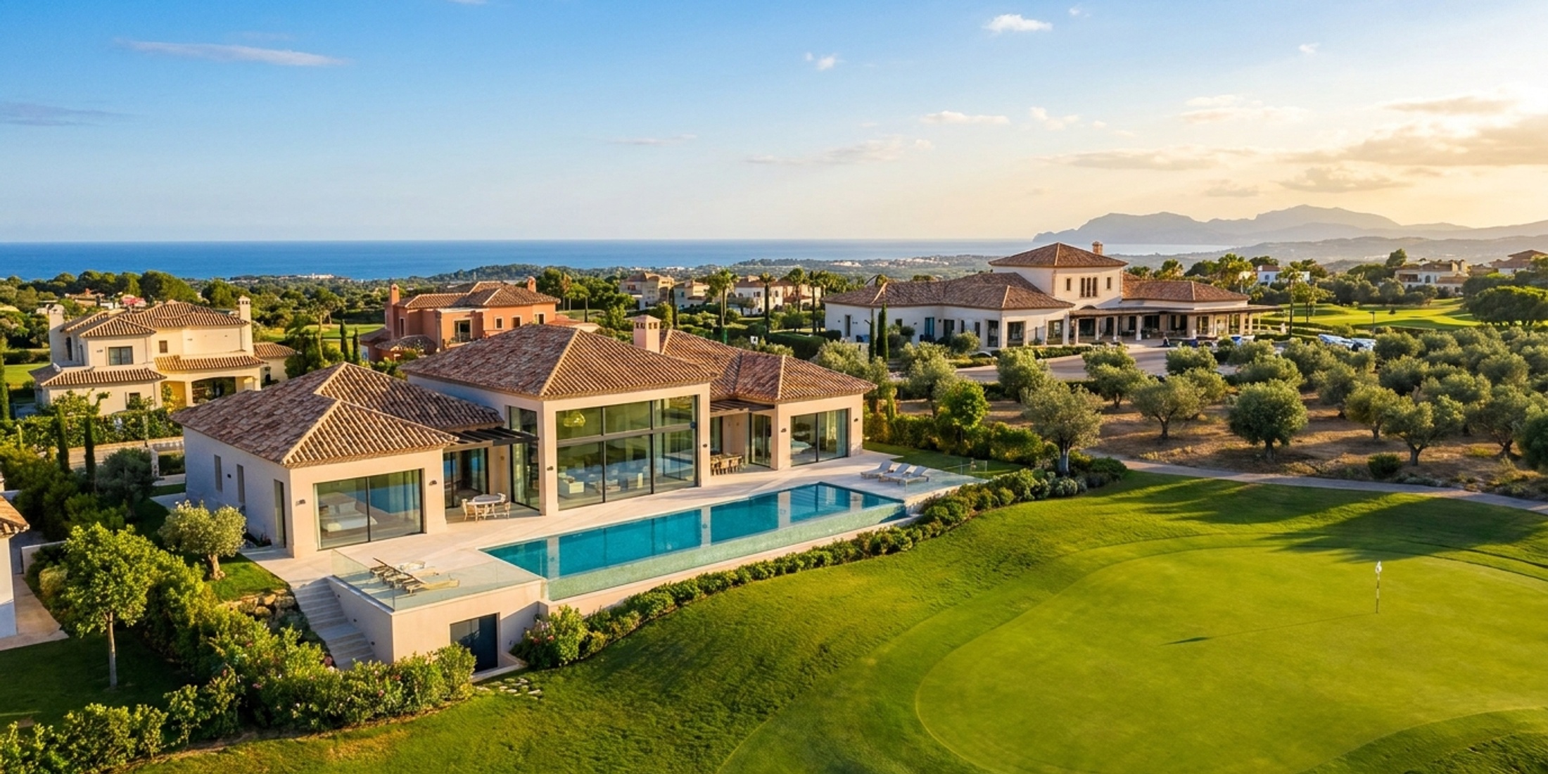 Aerial view of a luxury Spanish golf resort at sunset featuring a modern villa overlooking the green