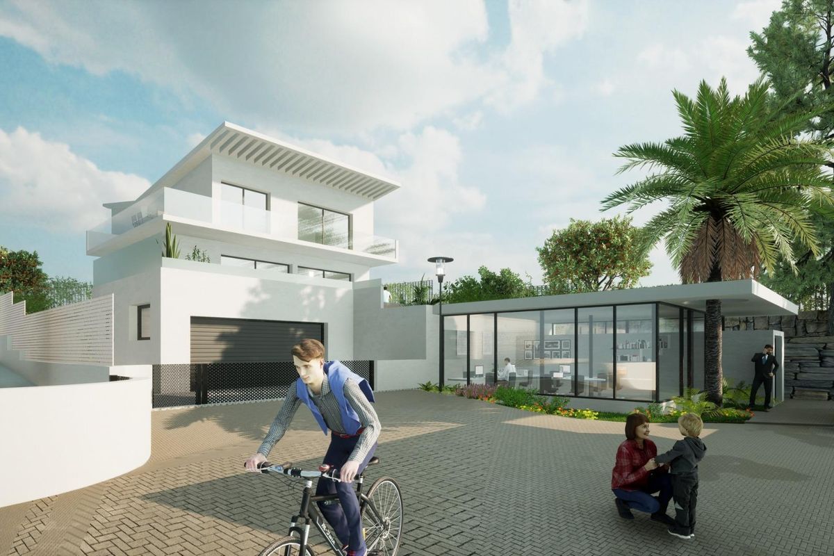 Entree van een 4-slaapkamer townhouse in Mijas, met eigentijds ontwerp en landscaping.