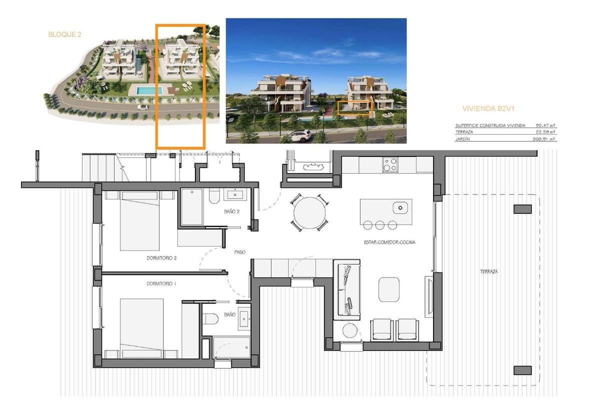 Plattegrond van een 2-slaapkamer appartement op de begane grond in Fuente Álamo, met woon- en terrassengebieden.
