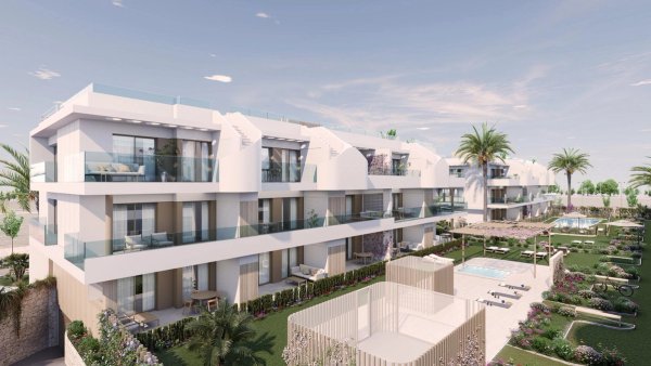 Buitenzicht op een moderne 3-slaapkamer appartementcomplex in Pilar de La Horadada met een zwembad en tuinen.