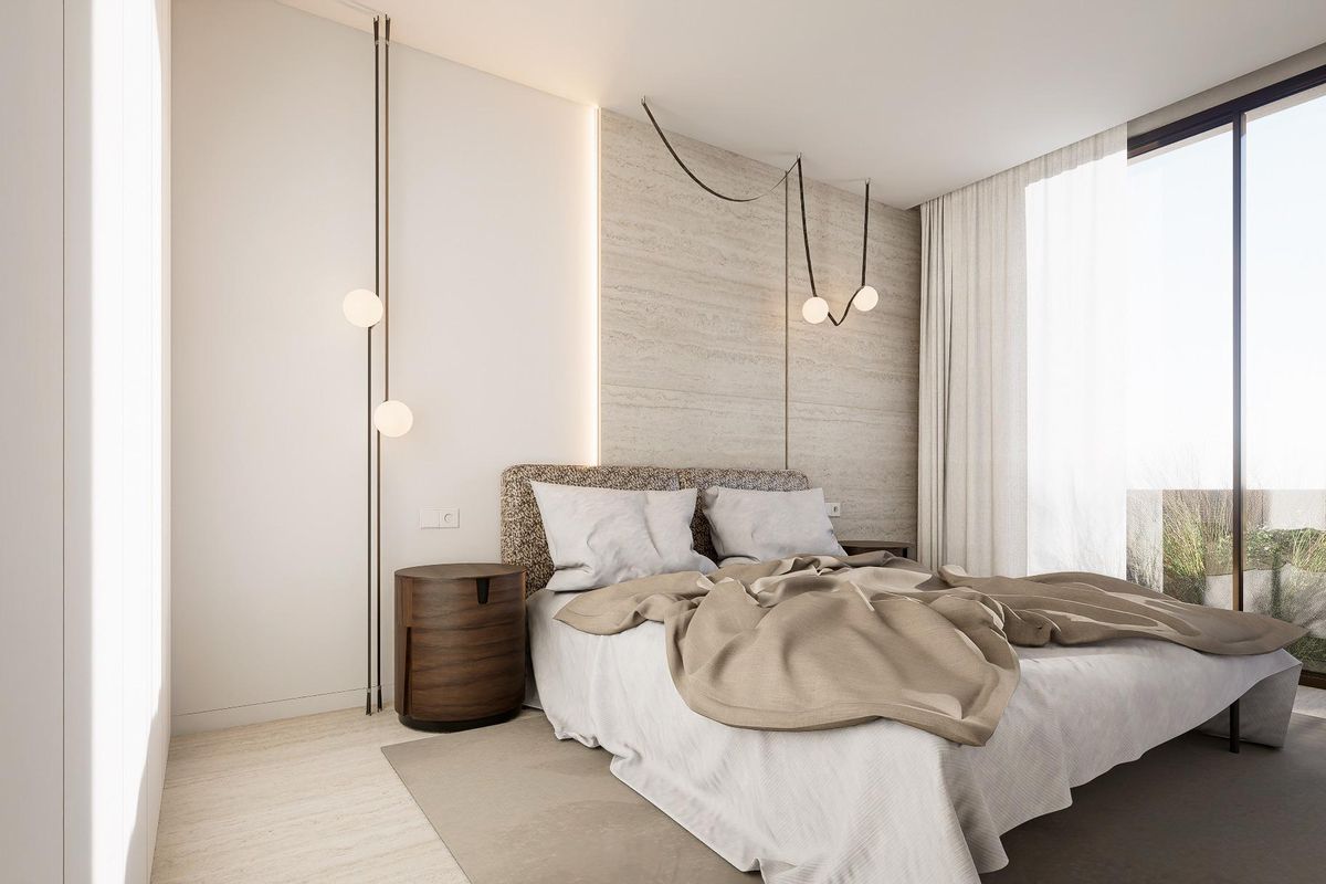 Rustige slaapkamer met moderne decoratie in de villa in Orihuela, Costa Blanca Zuid.