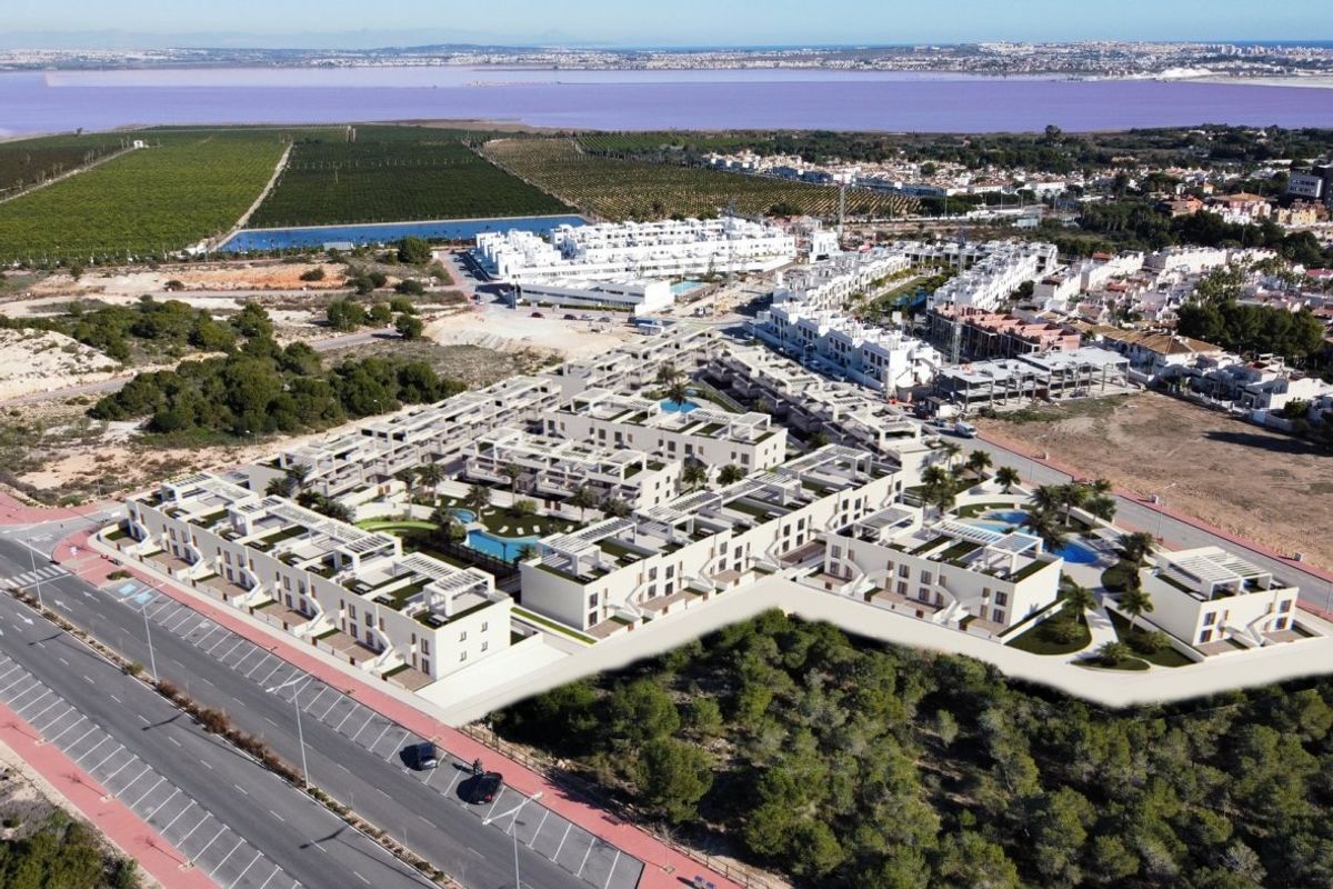 Luchtfoto van de woonwijk met appartementen en zwembaden nabij het mooie landschap, Torrevieja.