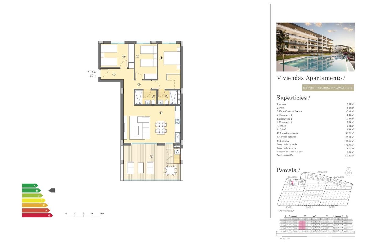 Plattegrond van een 3-slaapkamer appartement, met indelingsdetails voor potentiële kopers in Mutxamel, Costa Blanca Noord.