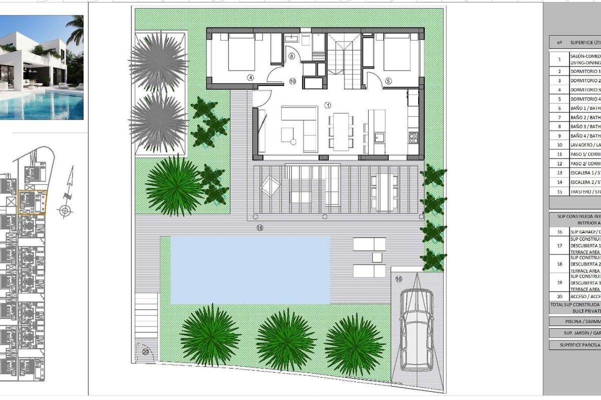 Plattegrond van een 5-slaapkamer villa met modern design in Finestrat, Costa Blanca North, met buiten terrassen.