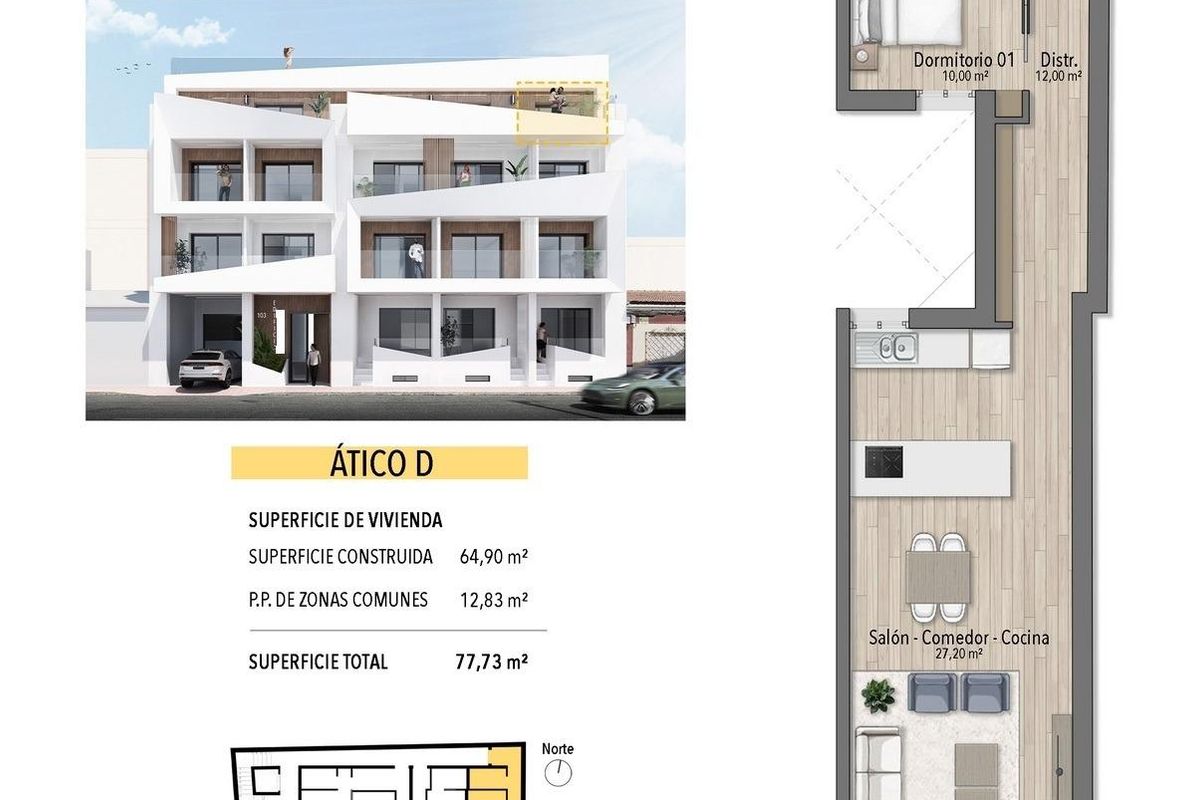Plattegrond van een 2-slaapkamer penthouse in Torrevieja, met indeling en details van gemeenschappelijke ruimtes.