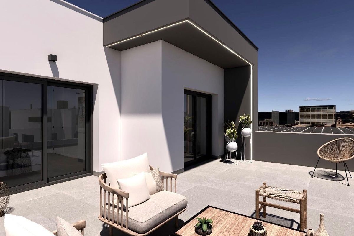 Moderne terras met zitgelegenheid met uitzicht over Benijofar, ideaal voor een 3-slaapkamer townhouse in Costa Blanca Zuid.